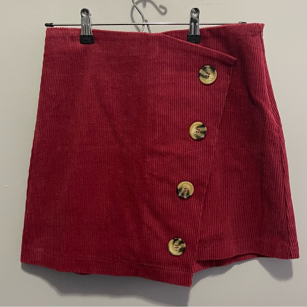 Burgundy Corduroy & Buttons Mini Skirt